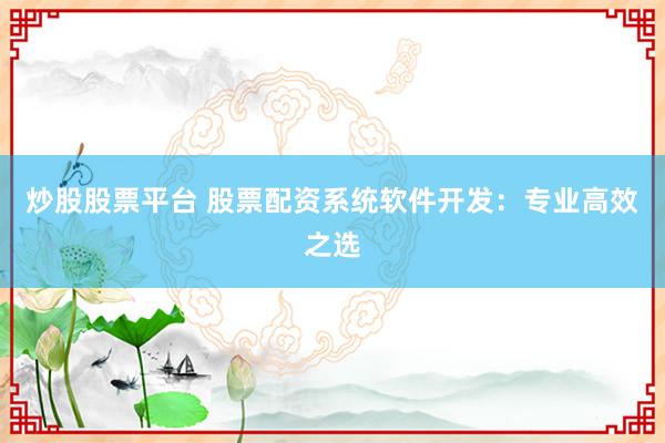炒股股票平台 股票配资系统软件开发：专业高效之选